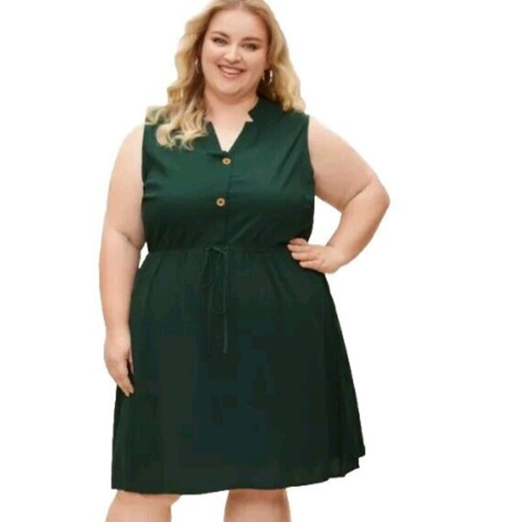 Bloomchic Womens Plain Ties Front Button Pocket Dress Plus Size 18/20 Green